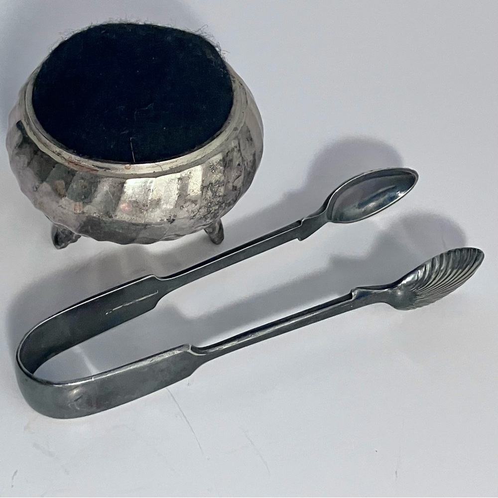 2 Antique SILVER-PLATE ITEMS / Sugar Bowl Pin Cushion & MAPPIN WEBB Sugar Tongs
